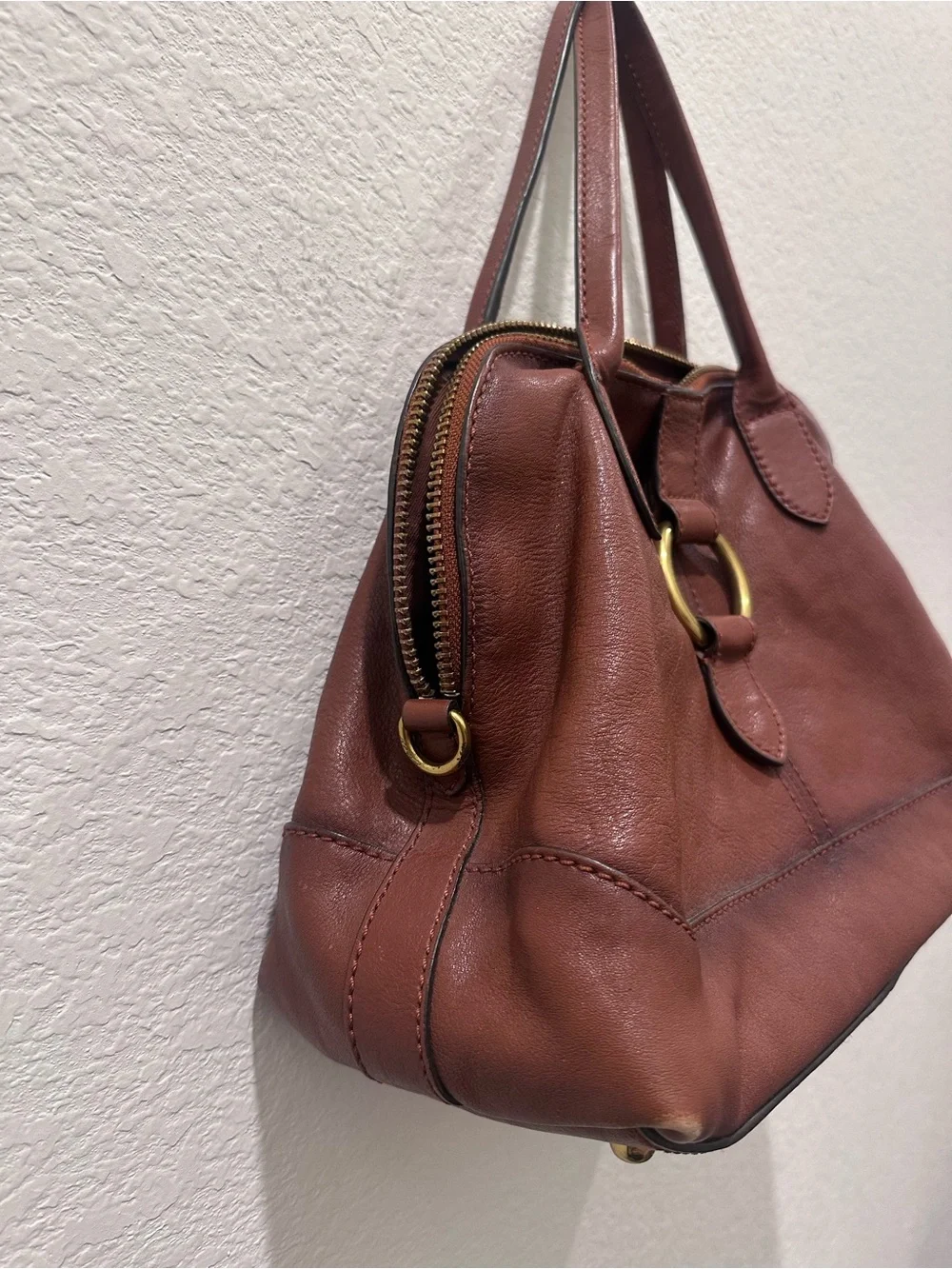 Frye Melissa Brown Leather Satchel Dome Handbag Cognac Ring Detail‎
